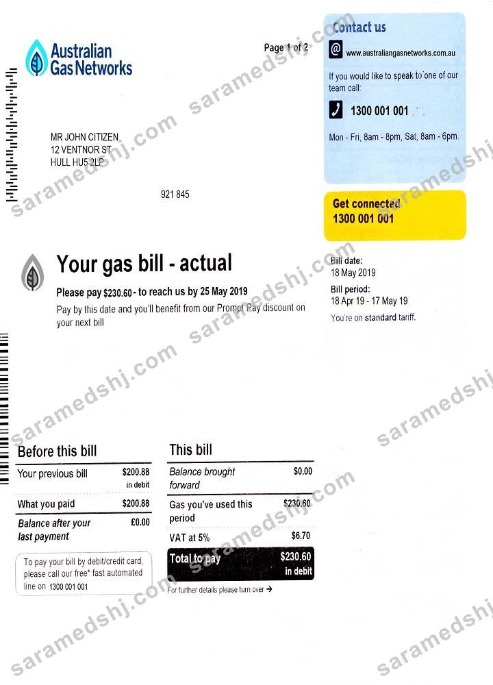 Australia Gas utility bill